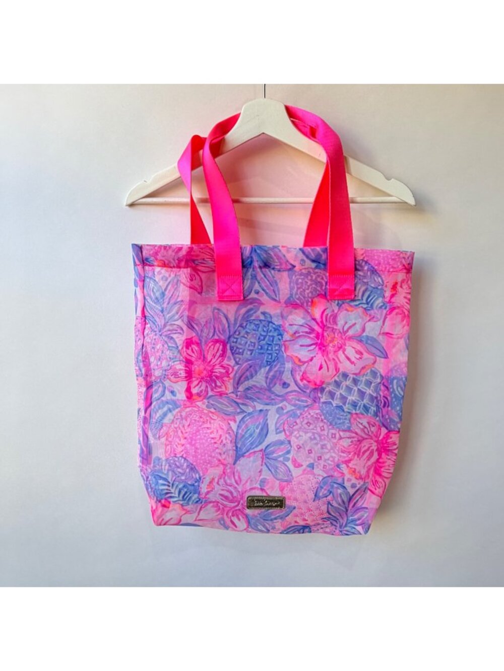 Lilly Pulitzer Pink Isle Snappy Turtle Mesh Tote Bag Pink Floral Beach Shopper *
